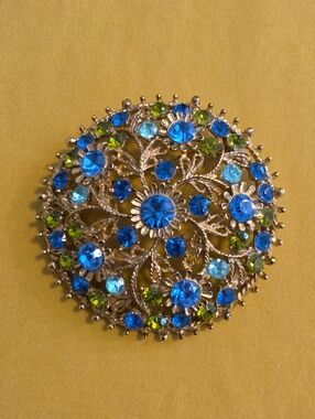 Vintage Blue & Green Rhinestone Round Brooch - Likely Mid 20th Century